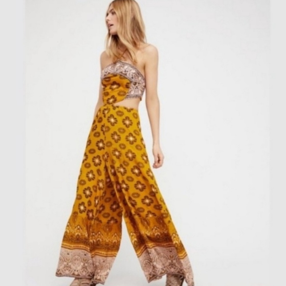 Free People yellow floral halter jumpsuit